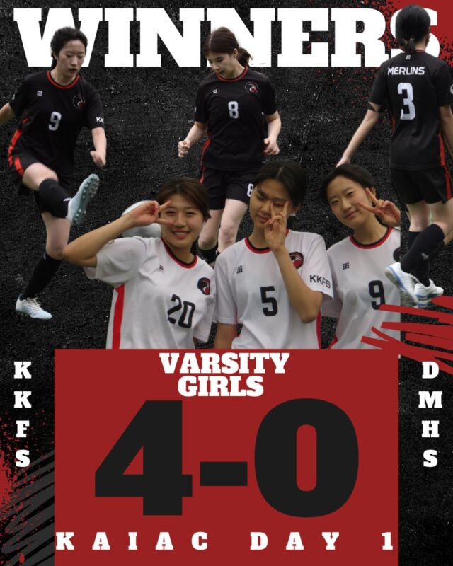 KAIAC Tournament Day 1, Game 1 WIN!!💪🦅🏆
Our girls are straight to the semi finals after beating DMHS 4-0. With goals from Sarah x2, Sei and Eileen, the team will prepare to play again tomorrow to secure a top spot in the tournament. 

WELL DONE LADIES!!!